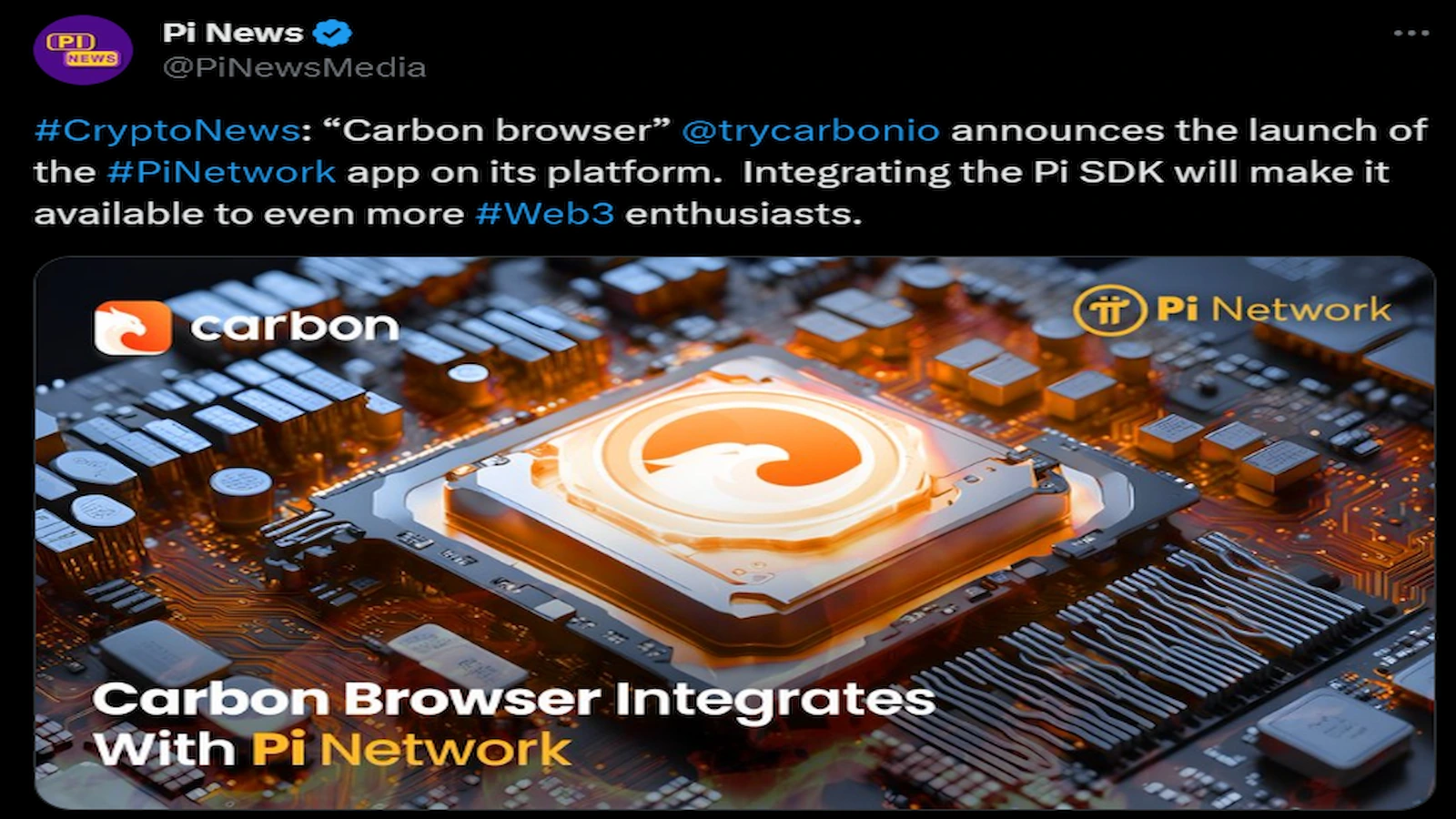 Carbon browser announced launch of Pi Network app on its platfrom.