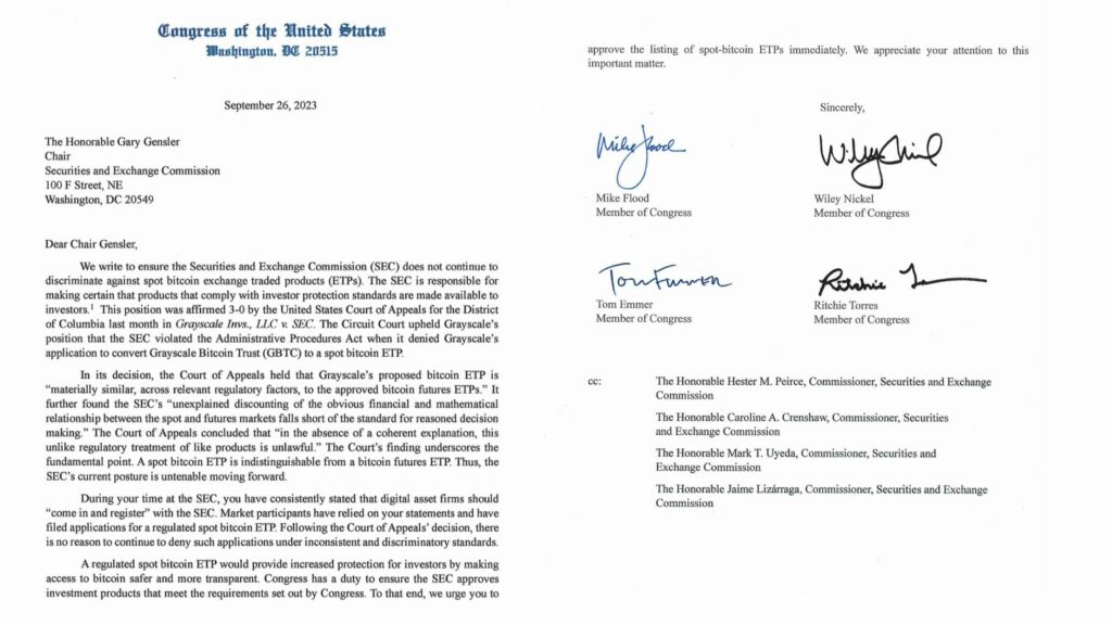 Four US Congressmen have written a letter to Securities and Exchange Commission chief Gary Gensler  demanding that the SEC approve a Bitcoin (BTC) ETF