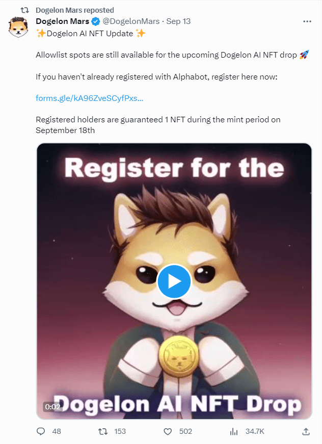 Dogelone Mars, the meme coin named after Tesla CEO Elon Musk, will launch a new AI initiative. The price of ELON has tanked in recent months.