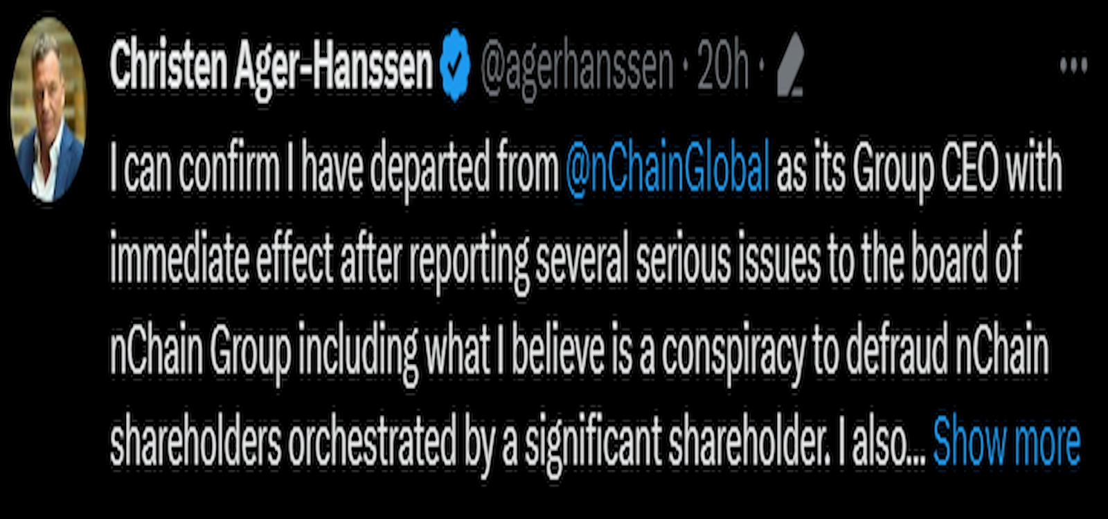 Christen Ager-Hanssen shared news of his departure from nChain