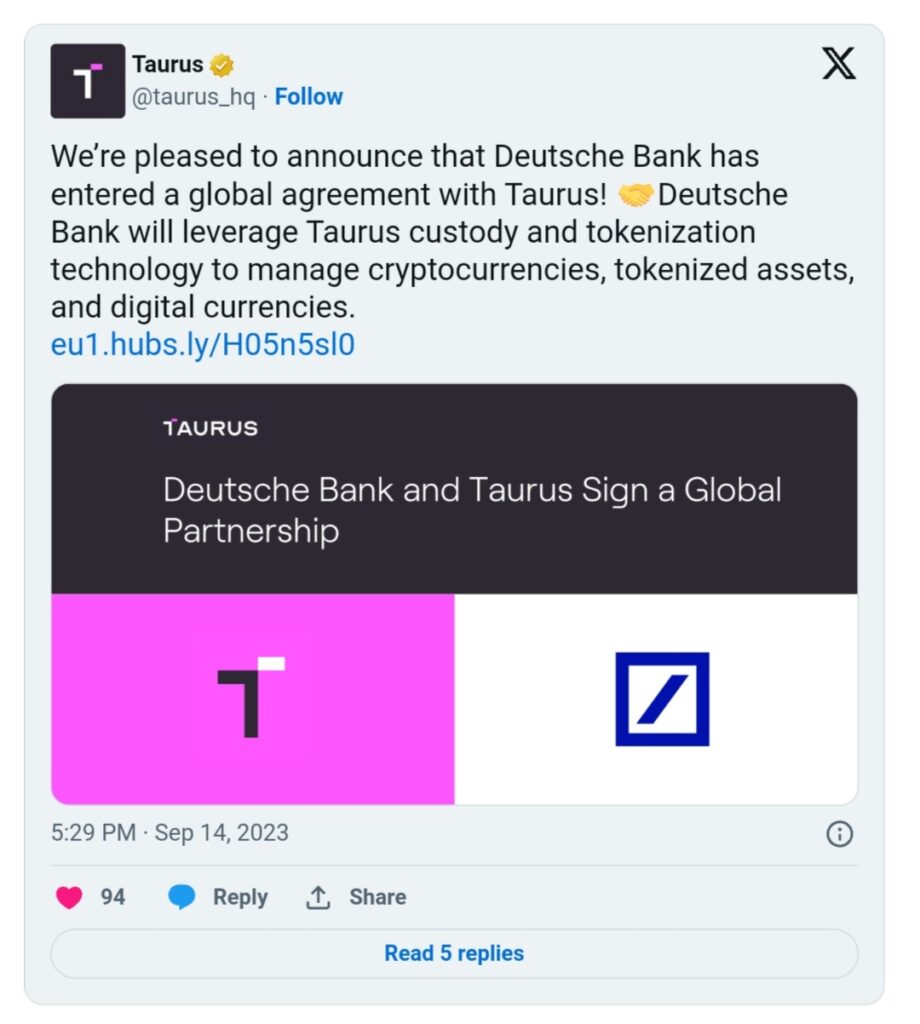 Deutsche Bank, Deutsche Bank Partners with Taurus for Crypto Custody and Tokenization Services