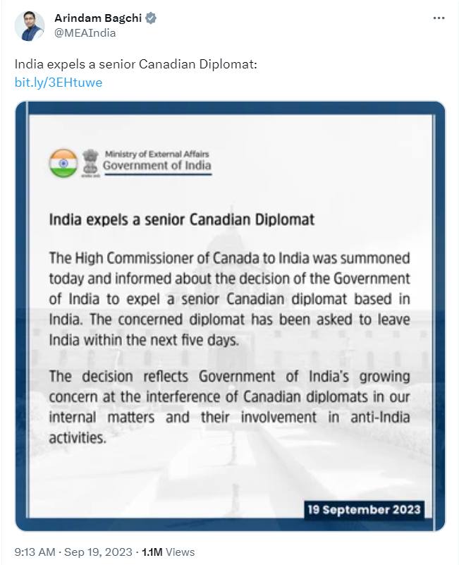 Canada-India trade ties in danger amid controversy surrounding the assassination of  Pro-Khalistan Sikh separatist leader Hardeep Singh Nijjar. Canada expelled senior Indian diplomat. India does the same.