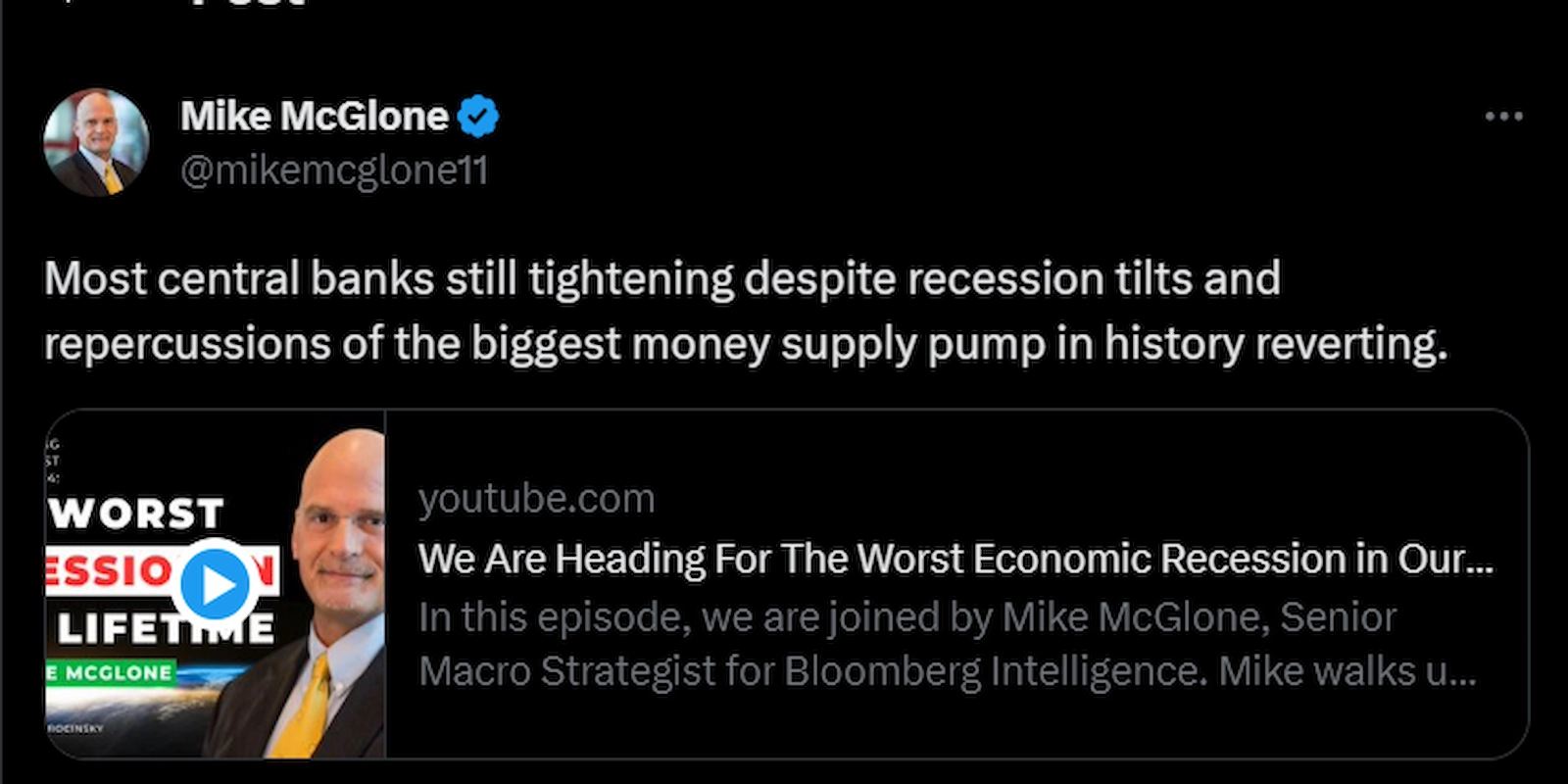 Bloomberg analyst Mike McGlone warned that the global economy might be heading for a recession.