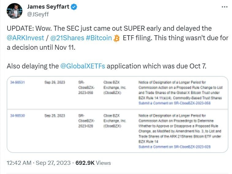 The Securities & Exchange Commission (SEC) and Chief Gary Gensler have delayed Review of ARK 21 Shares Spot Bitcoin ETF.