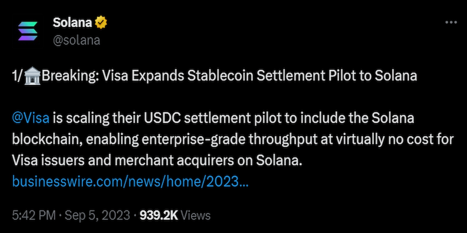 Solana stated that Visa has included it in the firm's USDC settlement pilot