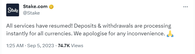 Crypto betting platform Stake has resumed all services. The online casino suffered a massive hack, losing over $41 million as per estimates.