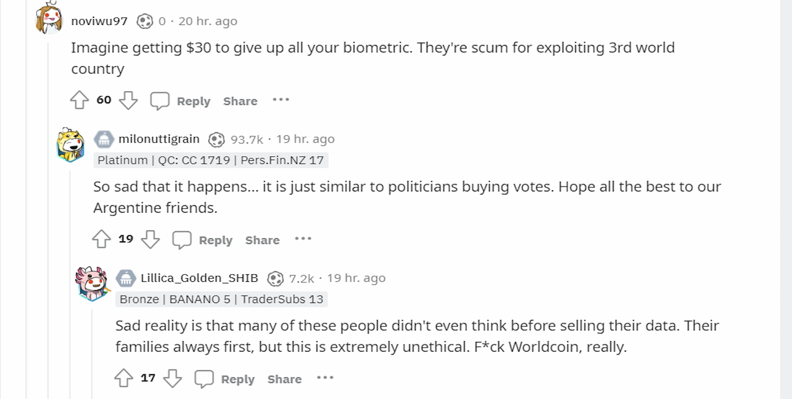 Several Reddit users criticized Worldcoin's actions