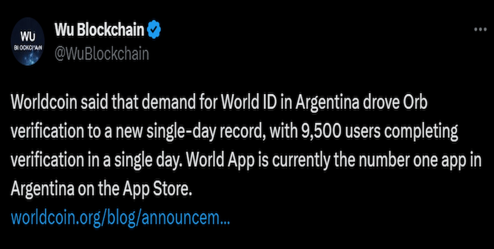 Crypto journalist Colin Wu shared Worldcoin's announcement of over 9,500 user verifications in one day.