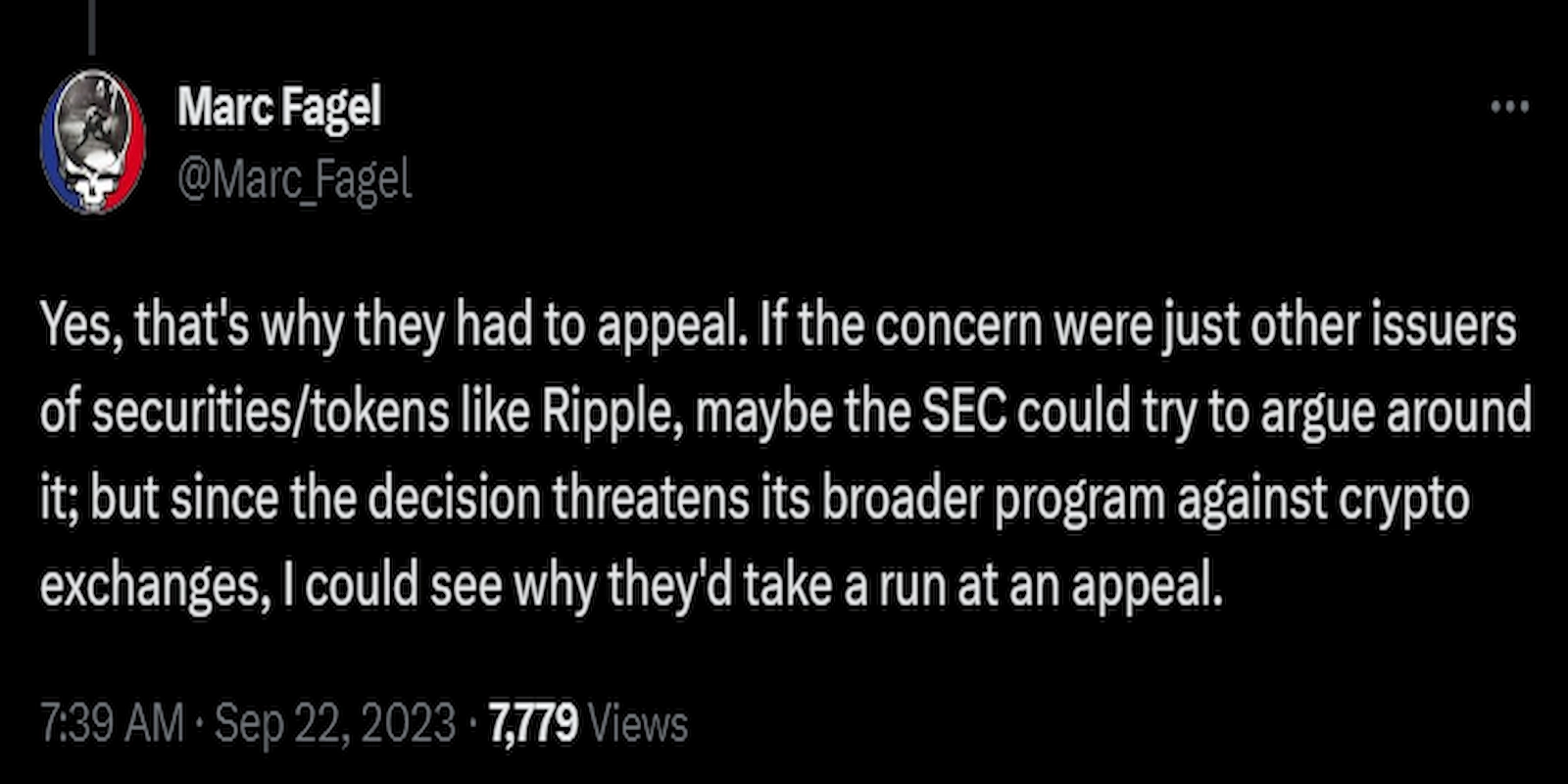 Marc Fagel commented on the reason why the SEC might appeal the XRP lawsuit.