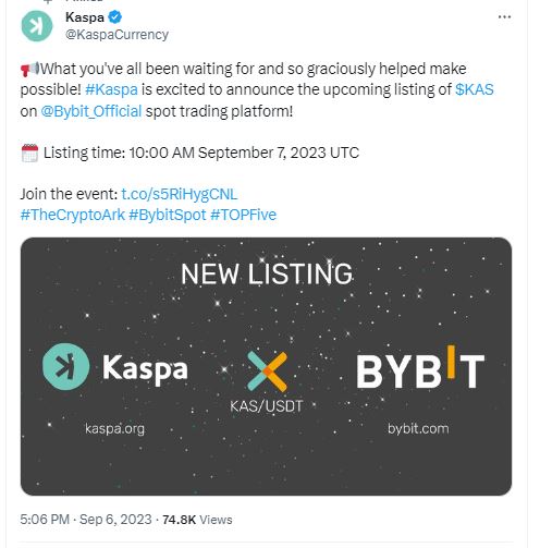 Kaspa (KAS) listing on Bybit exchange
