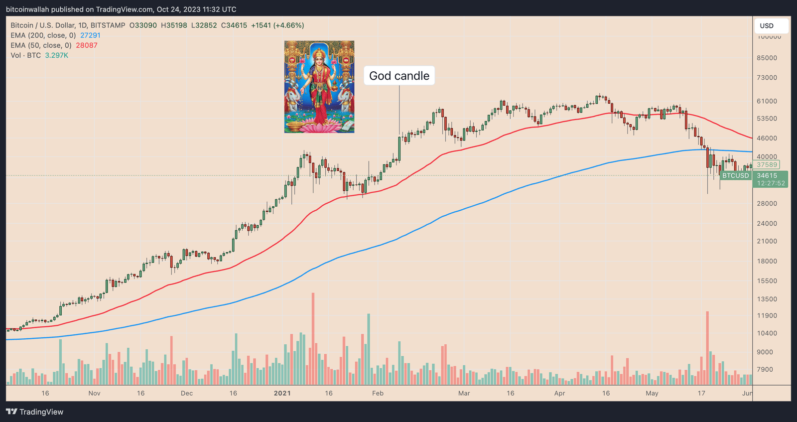 BTC daily price chart ft. Elon Musk God Candle