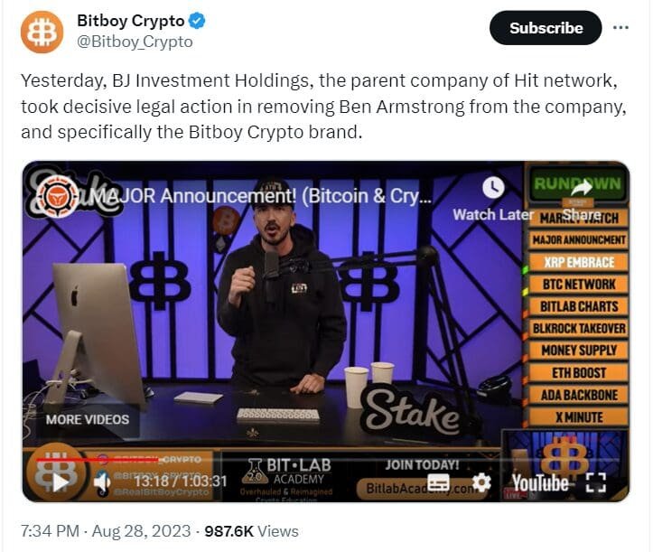 Popular crypto analyst, Ben Armstrong, who founded BitBoy Crypto, fears for his life. He believes Brian Evans & Daniel Gouldman will kill him