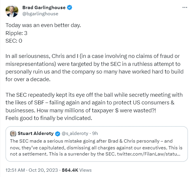 The Securities & Exchange Commission (SEC) will not pursue its case against Ripple executives Brad Garlinghouse & Chris Larsen in the XRP case