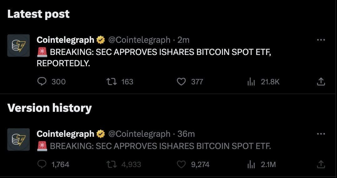 CoinTelegraph posted a fake news about SEC approving BlackRock's sport Bitcoin application. It sent the BTC price to $30,000 and tanked.