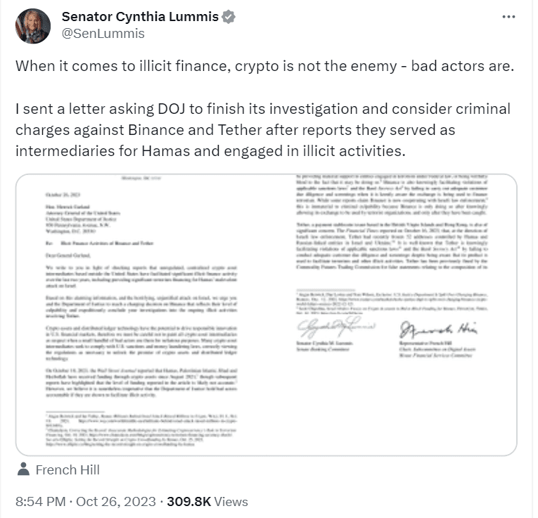 Senator Cynthia Lummis & Congressman French Hill want legal action against Binance (BNB) & Tether (USDT) for helping terror groups like Hamas