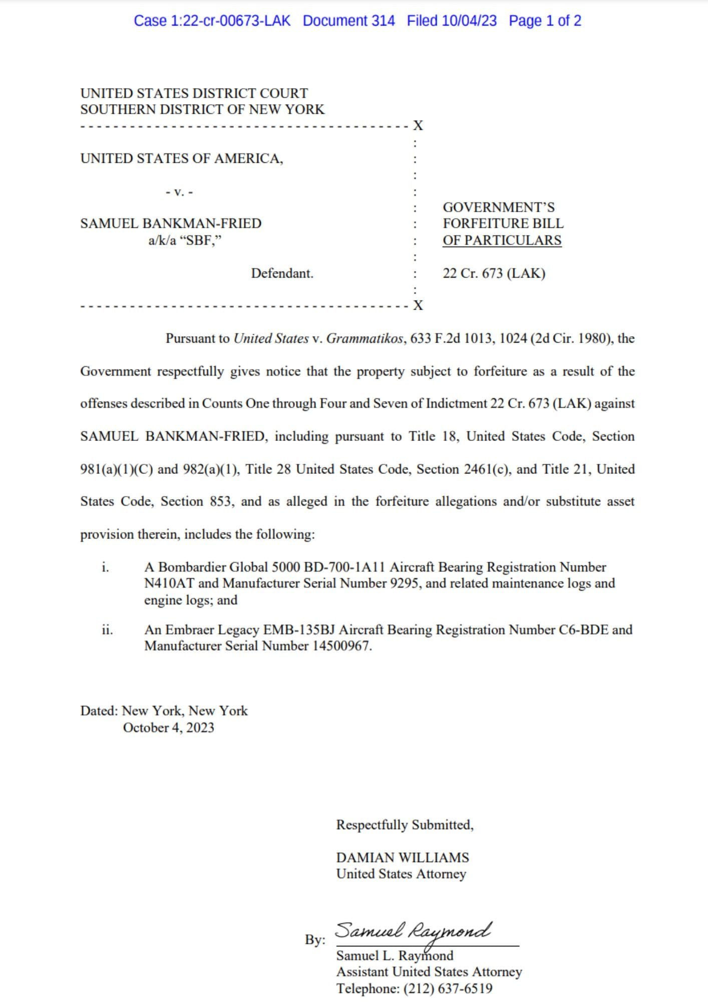 The US Department of Justice wants to confiscate two private jets owned by Bankman-Fried.