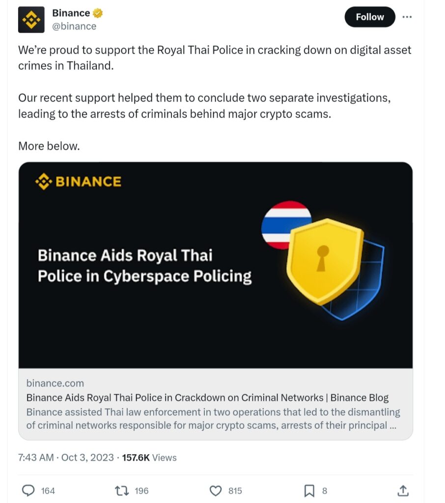Binance's tweet mentioning its operation with Thai Police