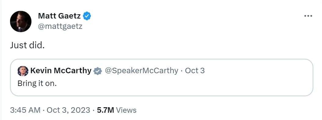 Kevin McCarthy is no longer the Speaker of the US House of Representatives. Some Republicans, led by Matt Gaetz & supported by Democrats, voted him out.