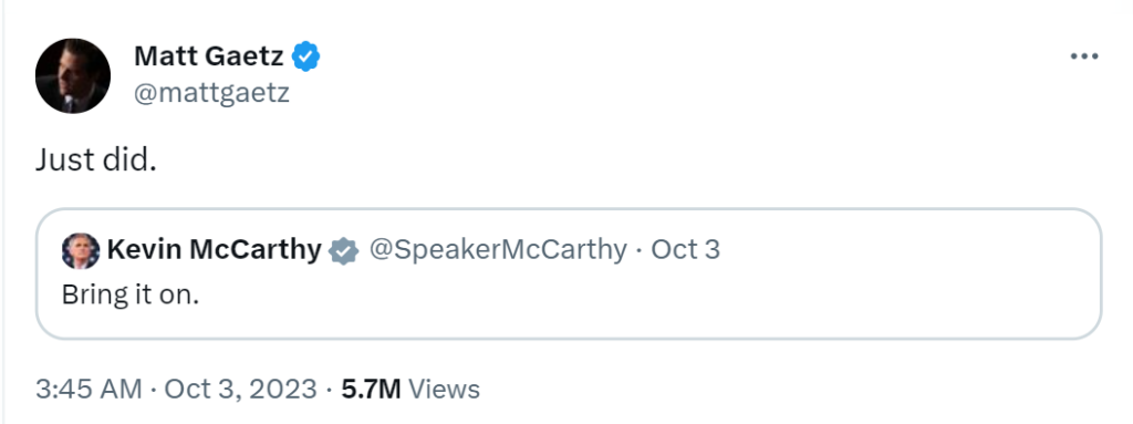 Kevin McCarthy is no longer the Speaker of the US House of Representatives. Some Republicans, led by Matt Gaetz & supported by Democrats, voted him out. 