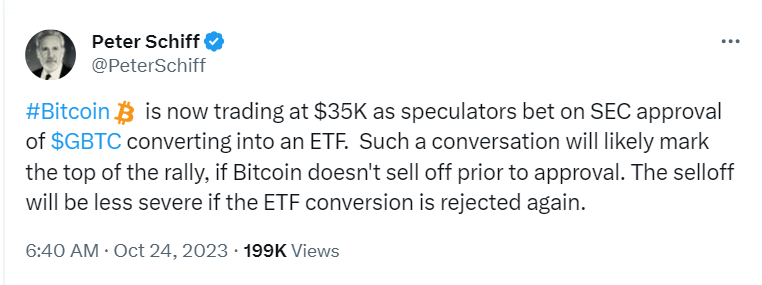 Bitcoin ETF speculations sent the BTC price above the $35,000 mark. The price surge caused $393 million in liquidations.