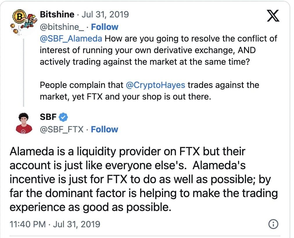 The tween in question in which Sam Bankman-Fried allegedly lied about Alameda's trading privilege on FTX. 