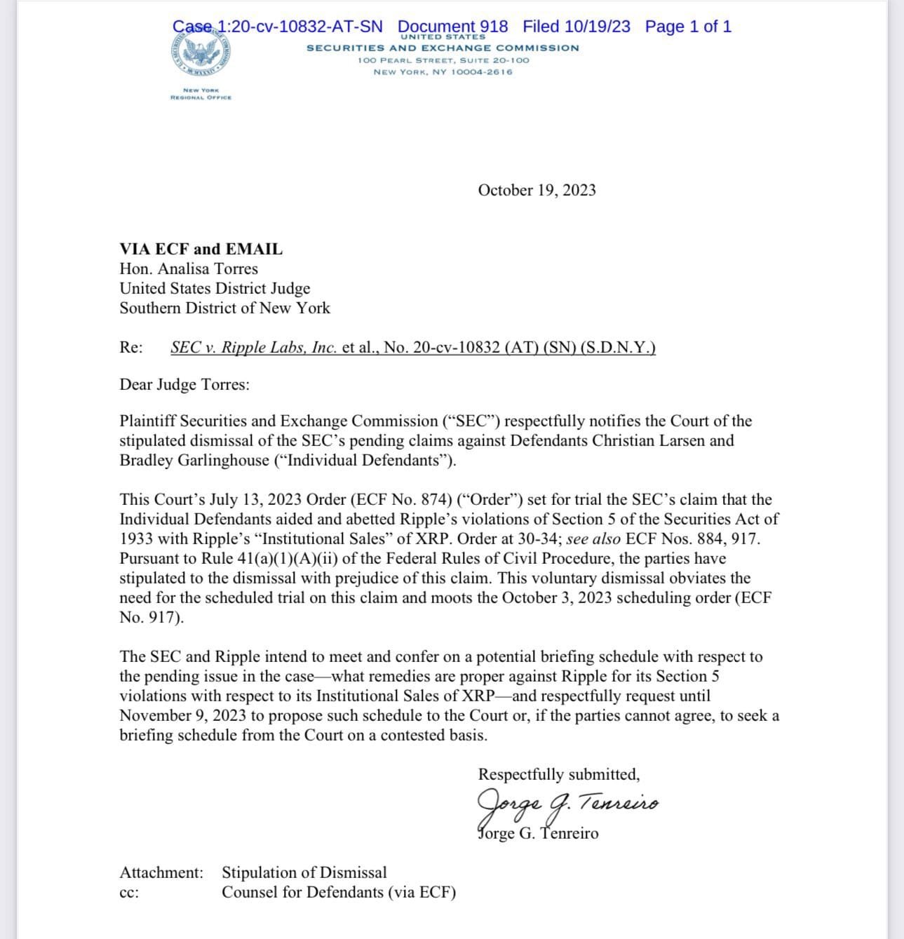 The Securities & Exchange Commission (SEC) will not pursue its case against Ripple executives Brad Garlinghouse & Chris Larsen in the XRP case