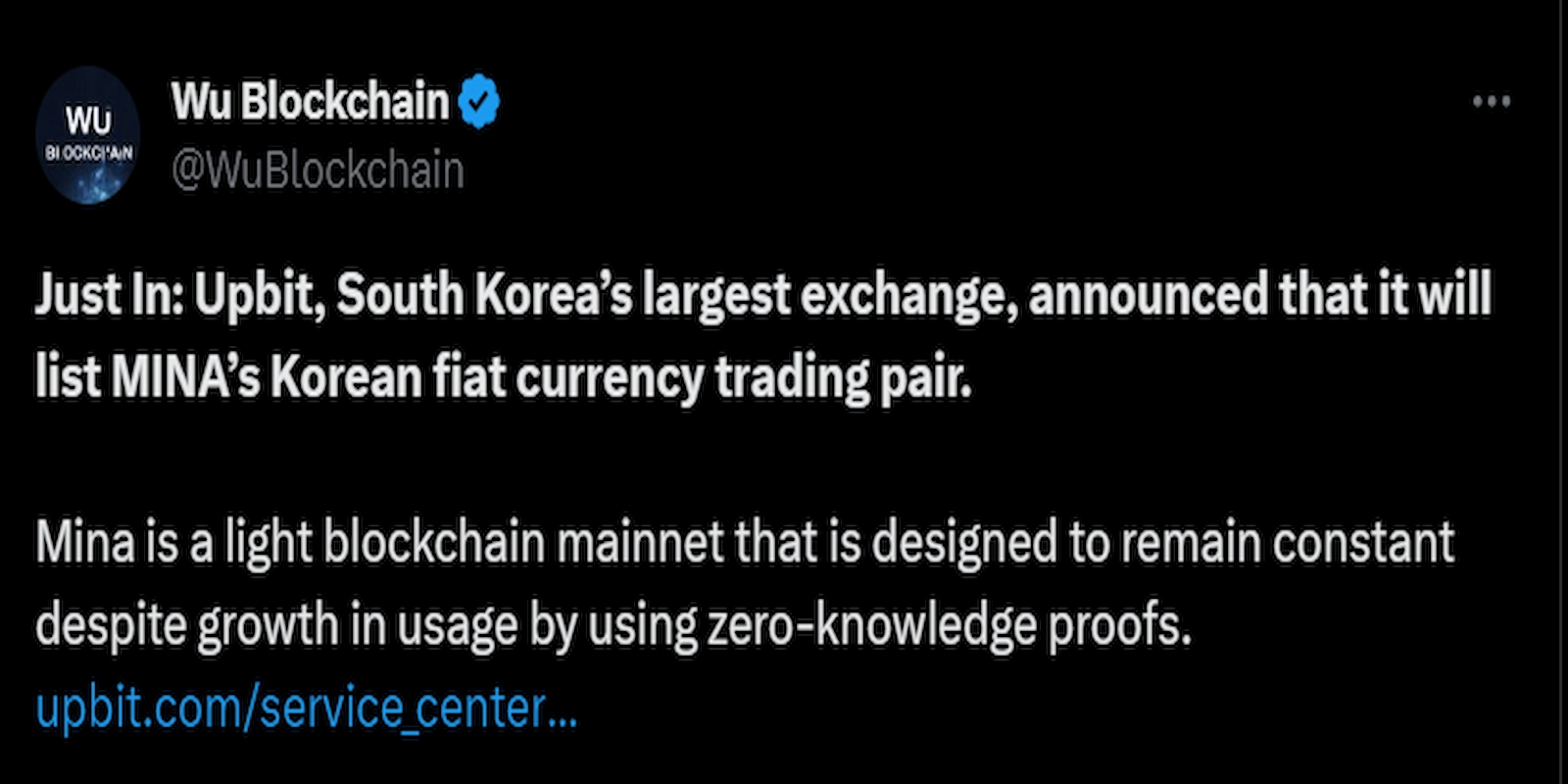 Upbit listed MINA on its platform