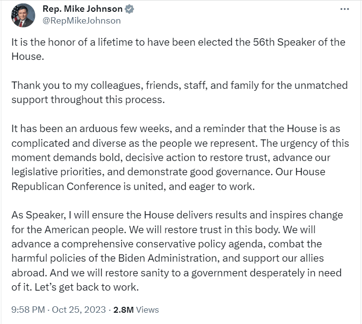 The Republican Party has elected Donald Trump-backed Mike Johnson to replace Kevin McCarthy as the next US House Speaker.