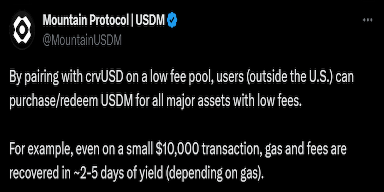 Mountain Protocol stated users could redeem USDM with low fees on Curve Finance.