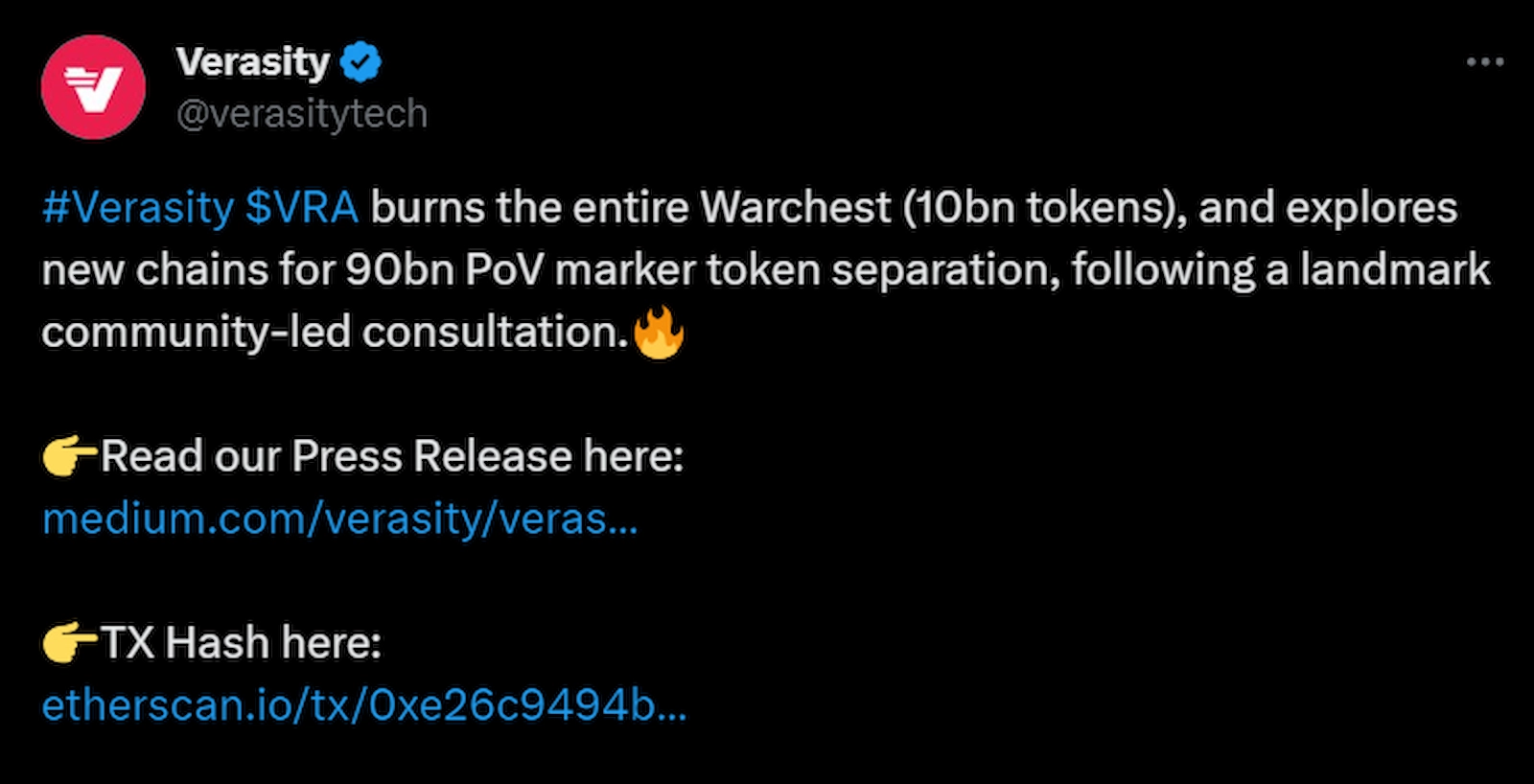 Verasity announced a token burn event.