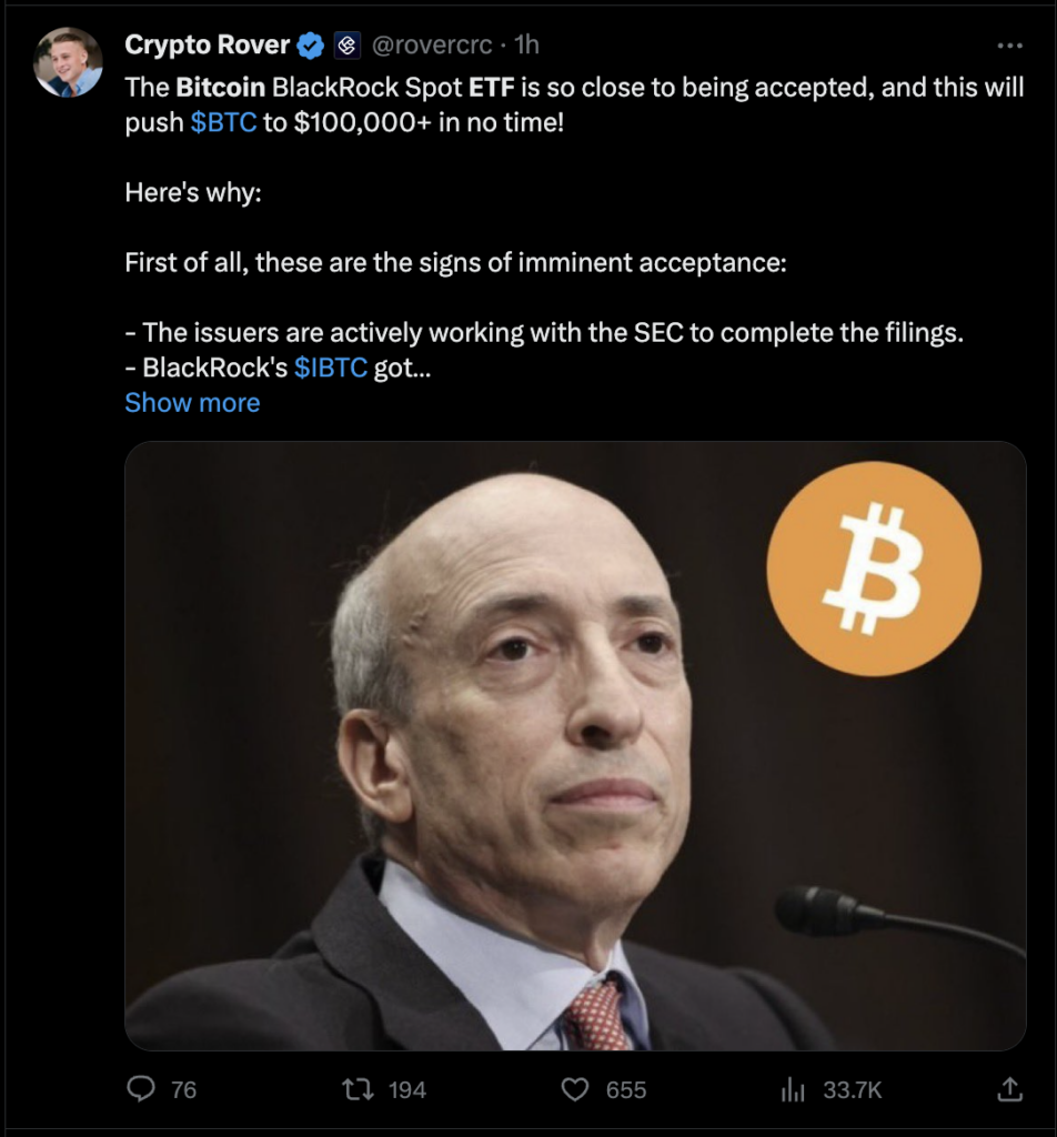 Crypto Rover's tweet predicting a $100,000 Bitcoin after an ETF approval