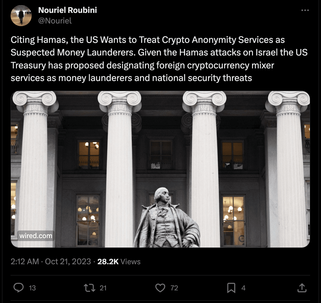 Economist Nouriel Roubini's tweet on regulating cryptocurrency mixers