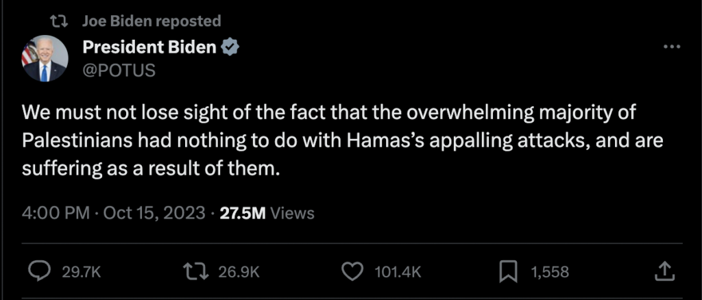 Joe Biden retweets President Biden about the ongoing ethnic cleansing in Palestine.