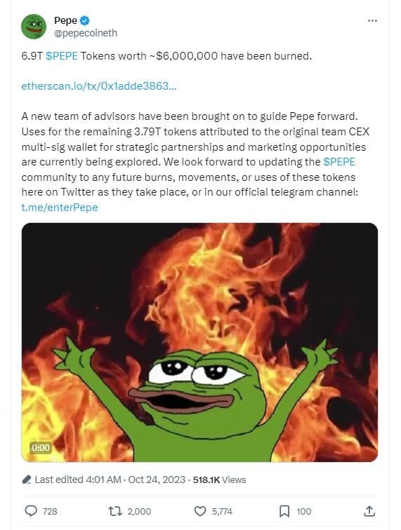 7 trillion PEPE burned, says the team. 