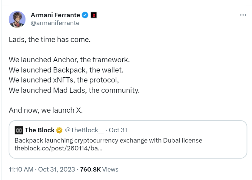Former FTX executives Can Sun and Armani Ferrante, who worked with Sam Bankman-Fried, have floated a cryptocurrency exchange named Backpack.