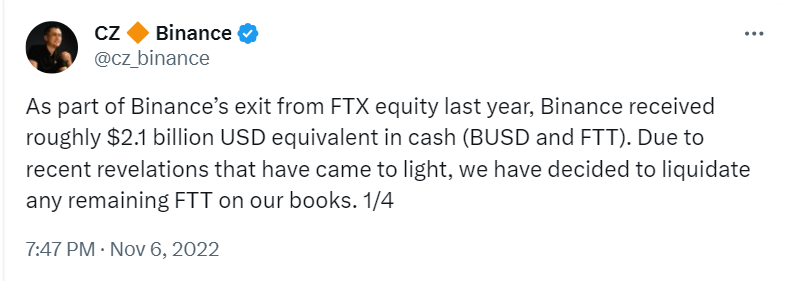Changpeng Zhao's tweet about liquidating Binance's FTT holdings