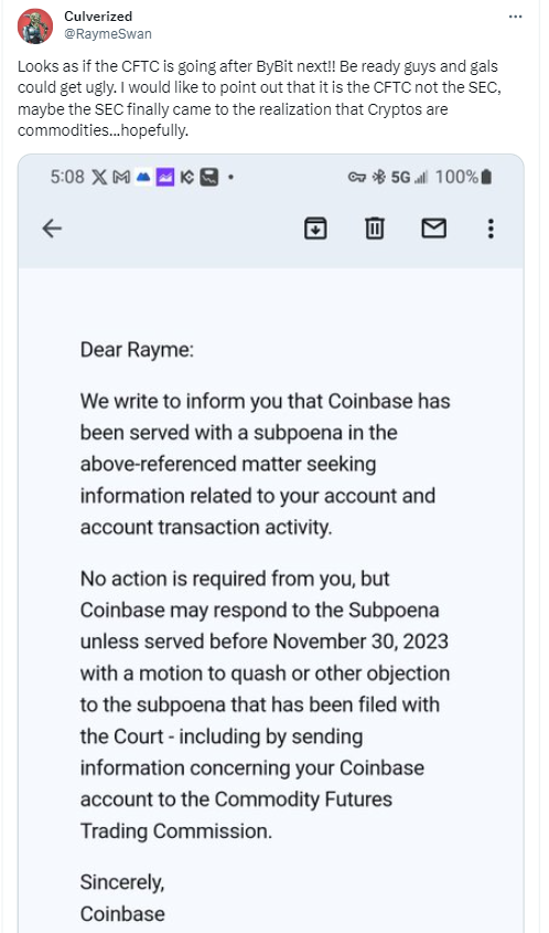Cryptocurrency exchange ByBit could become the next target of US Regulators. The CFTC has now subpoenaed CoinBase in this case. 