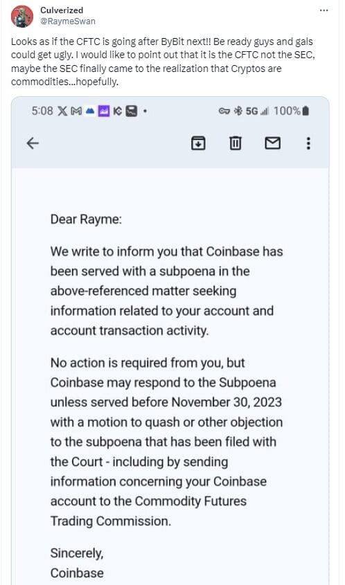 Cryptocurrency exchange ByBit could become the next target of US Regulators. The CFTC has now subpoenaed CoinBase in this case.