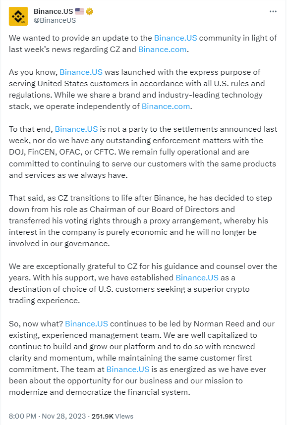 Binance.US, has pushed Changpeng Zhao (CZ) out as chairman of the board of directors. 