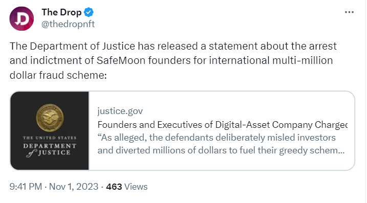 The Drop's tweet about the U.S. DOJ's crackdown on SafeMoon