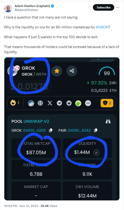 GROK coin, inspired by Elon Musk's new AI Chatbot, has amassed a large market capitalization. But low liquidity has ignited fresh rug pull fears among investors. 