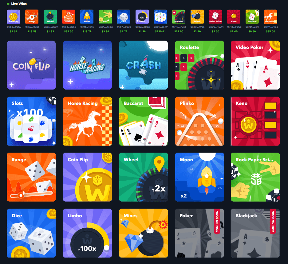 JustBet, launched on WINR Protocol, offers several decentralized gambling games 