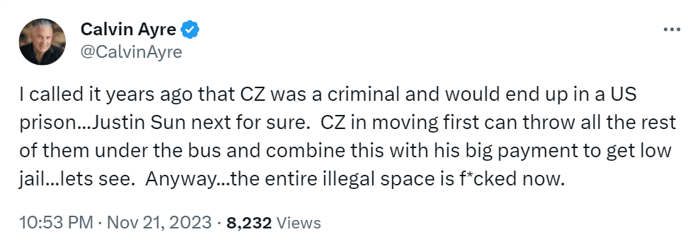 Tron (TRX) founder Justin Sun will end up in prison if the Department of Justice cracks down