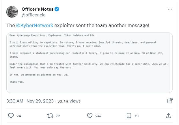 kyberswap hacker is back with a message