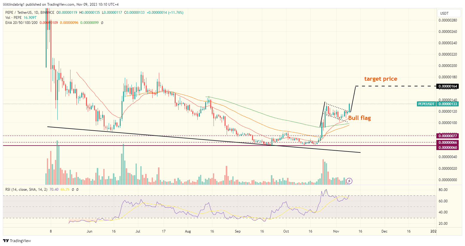 PEPE price action chart, featuring a bull flag. Source: TradingView.com