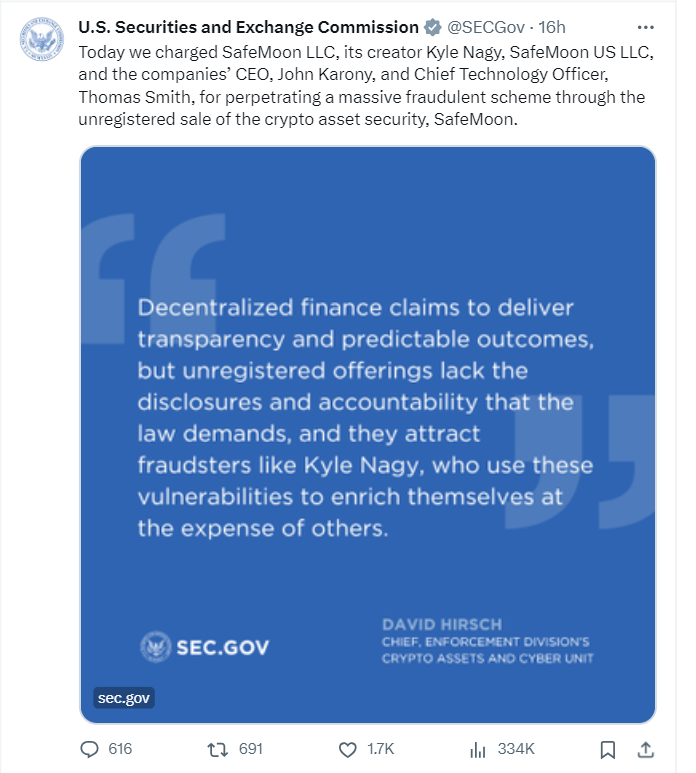 US SEC's tweet about lawsuit agains SafeMoon and its executives.