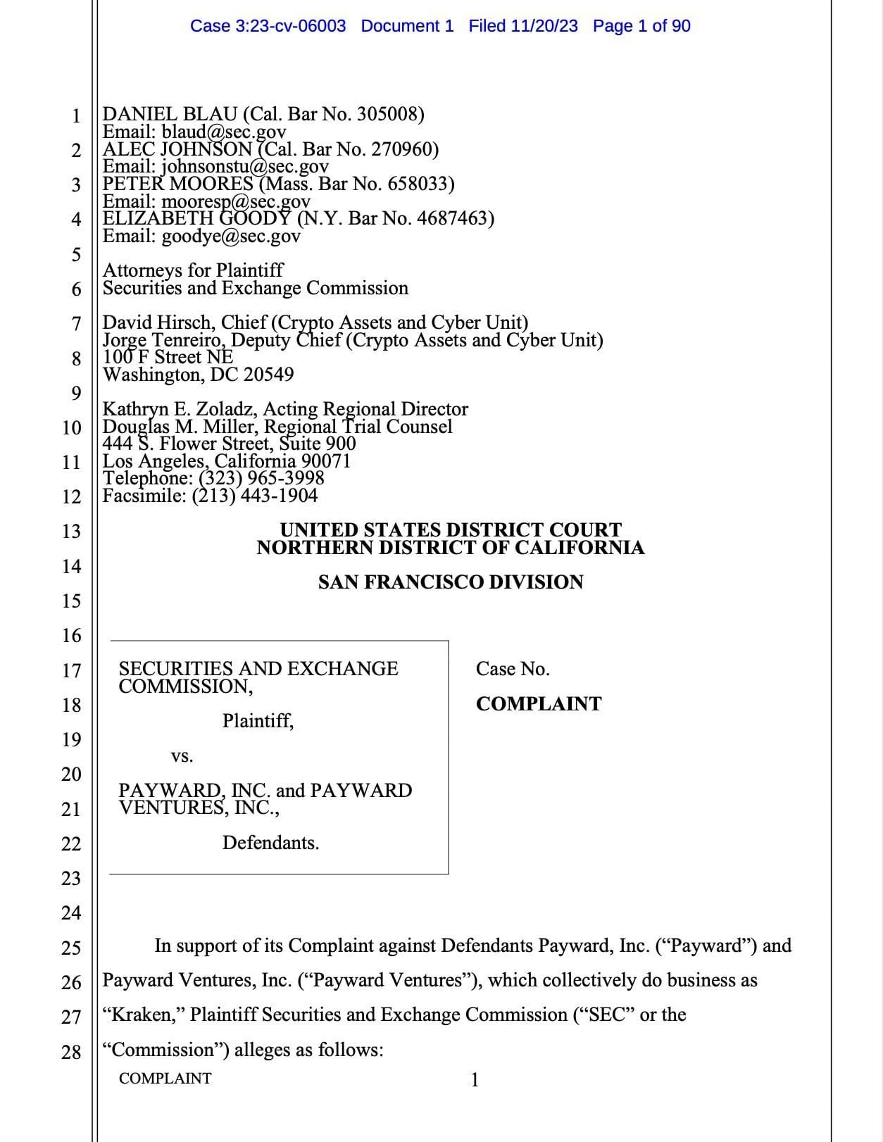 SEC lawsuit against Kraken. Excerpt from filing. 