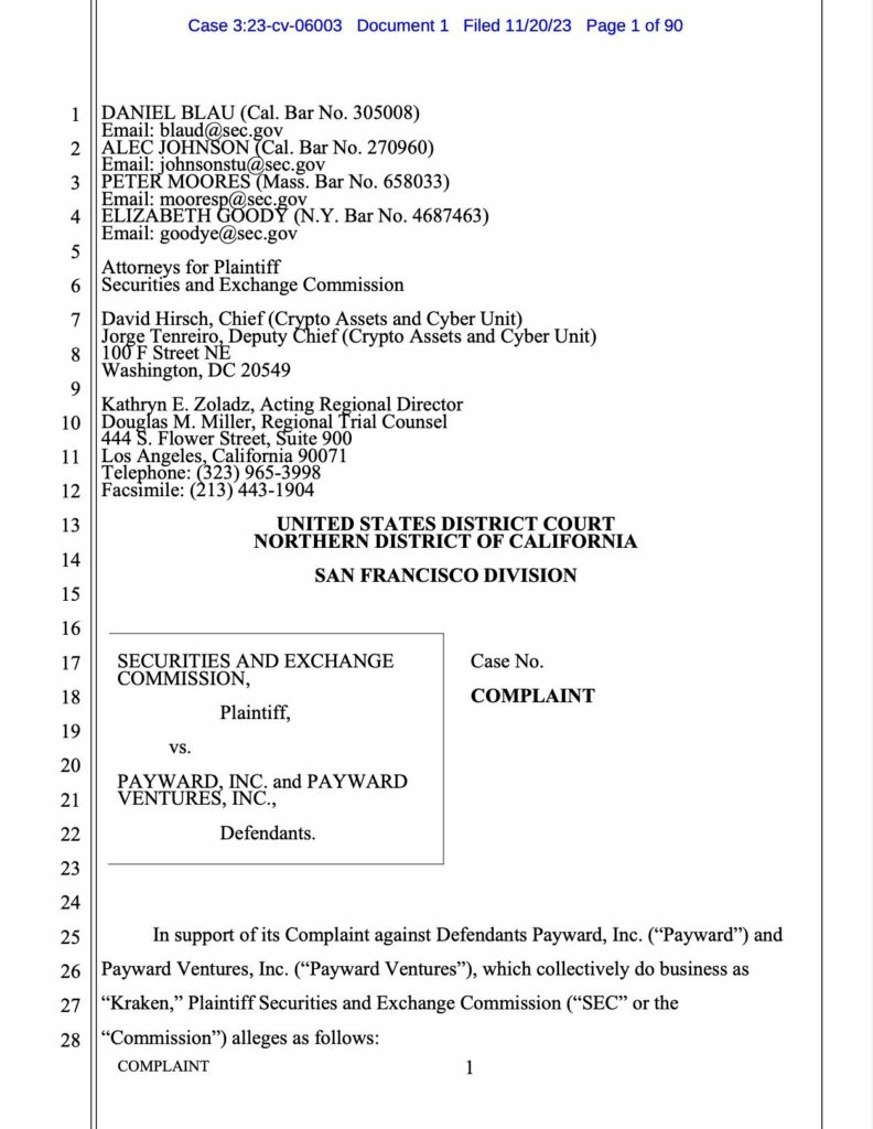 SEC lawsuit against Kraken. Excerpt from filing. 