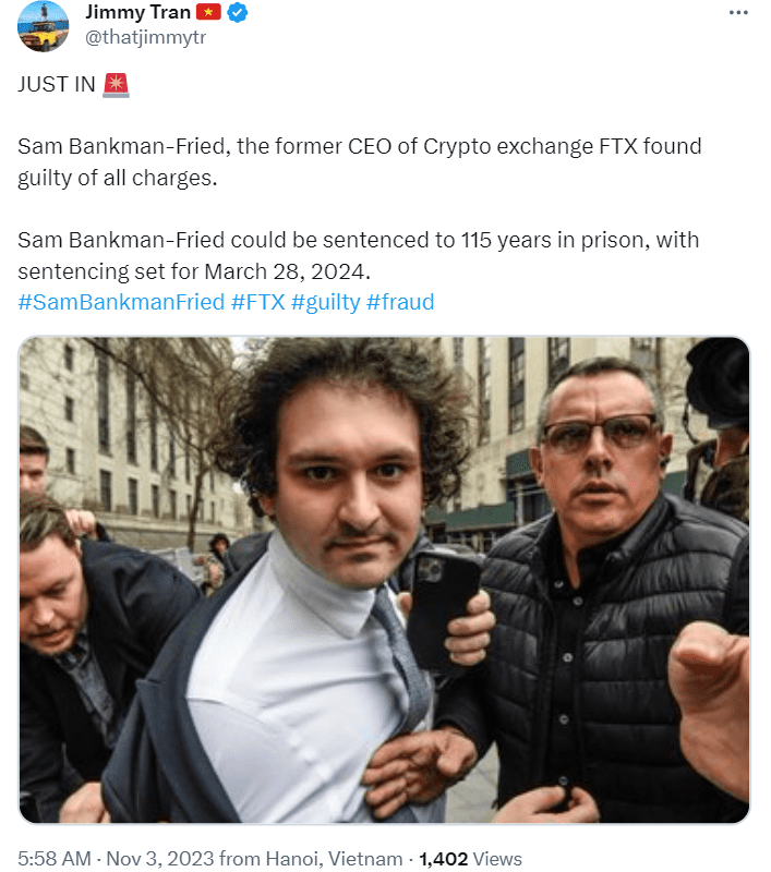 The 12-member jury has found FTX founder Sam Bankman-Fried guilty on all seven charges after a month-long trial. Sentencing in March 2024.