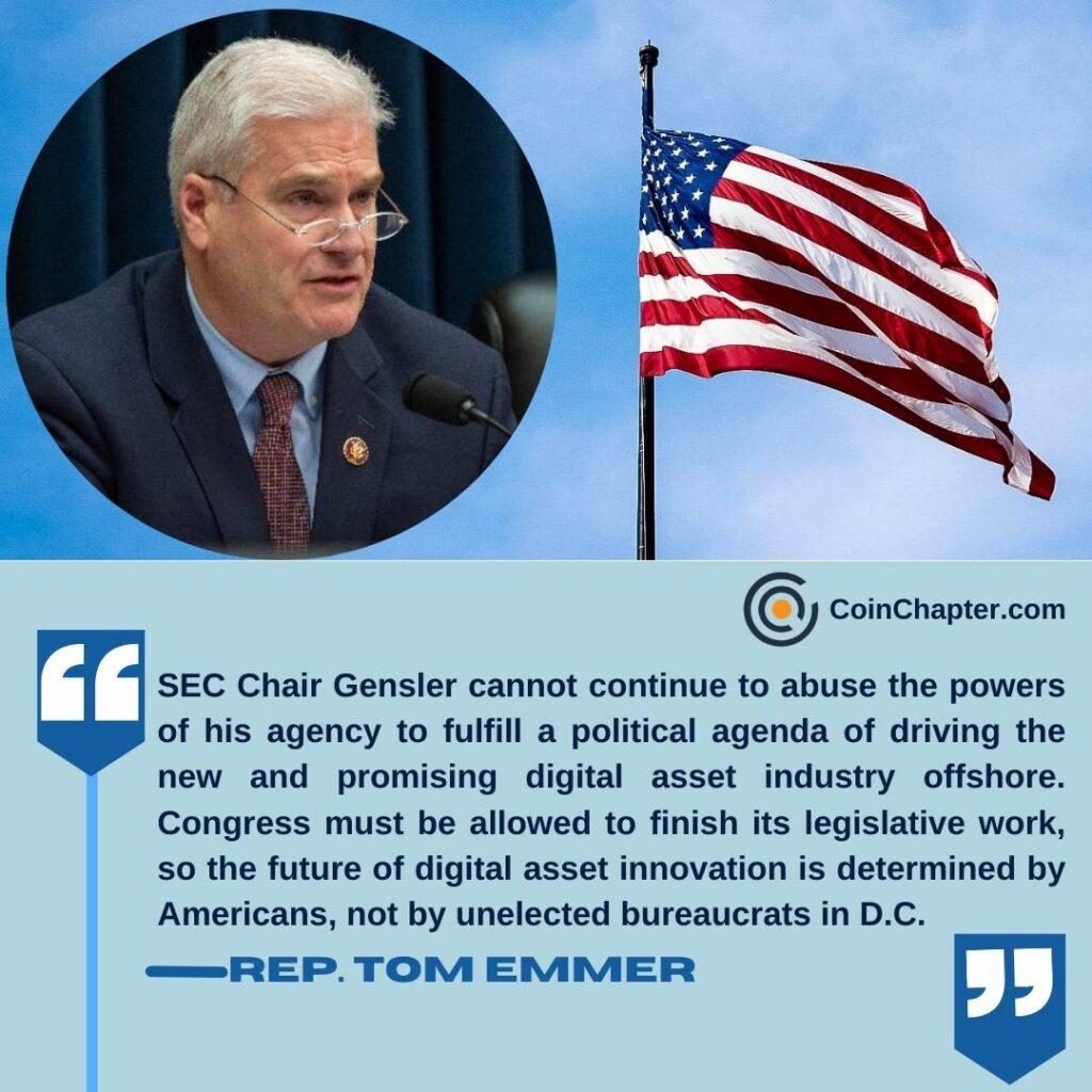 Republican House Majority Whip Tom Emmer tabled an amendment limiting SEC Chair Gary Gensler's overreach for his anti-crypto attitude 